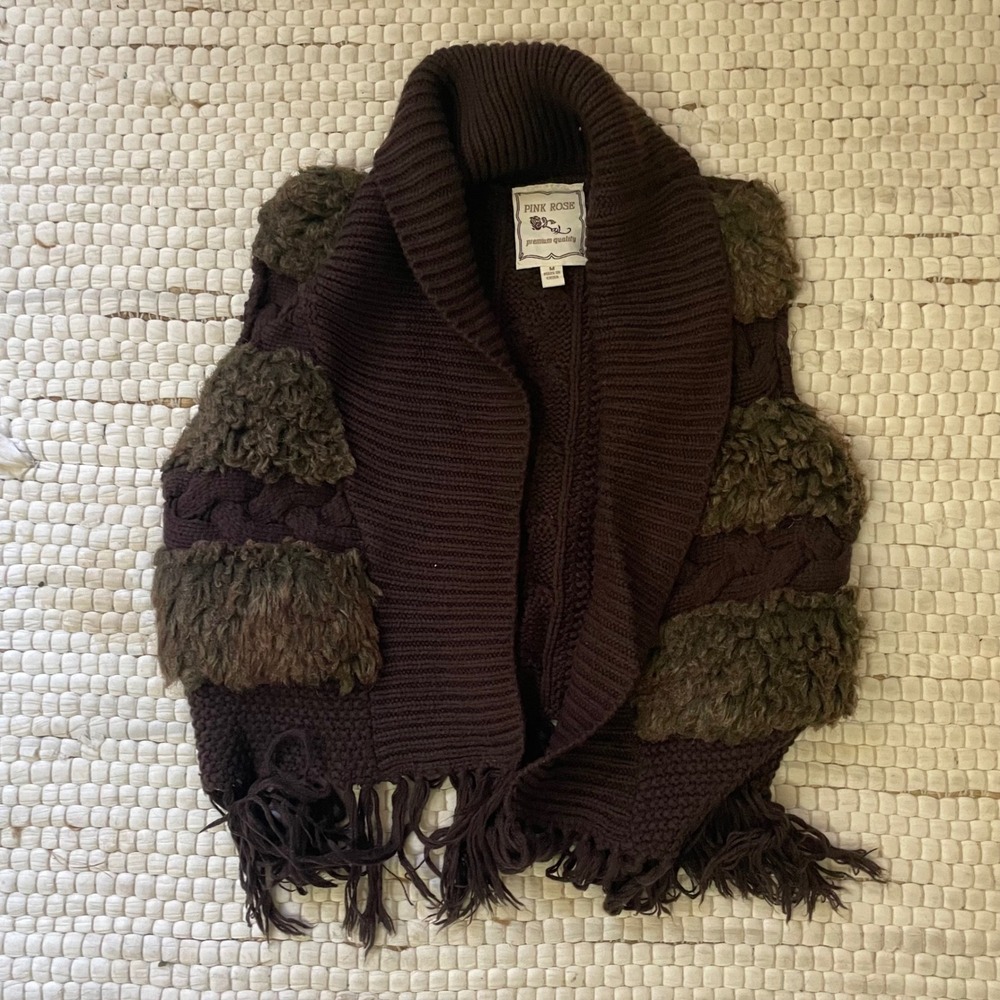 Pink Rose Brown Cable Knit Faux Fur Shaggy Fringe Vest Shawl Collar Medium